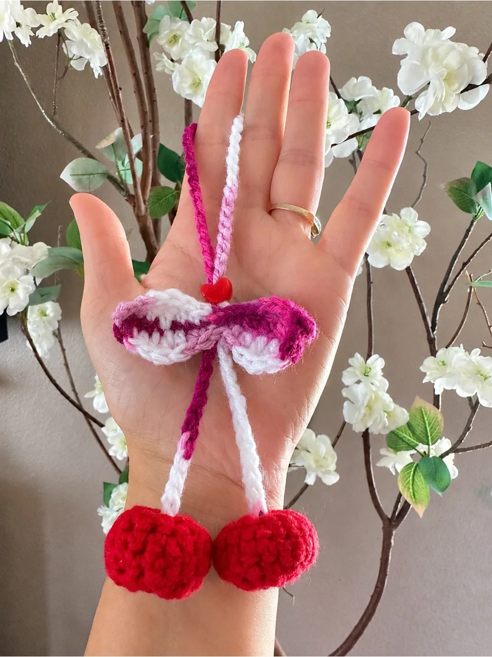 Berry Camo Crochet Cherry Bag Charm - Pink, Red & White
